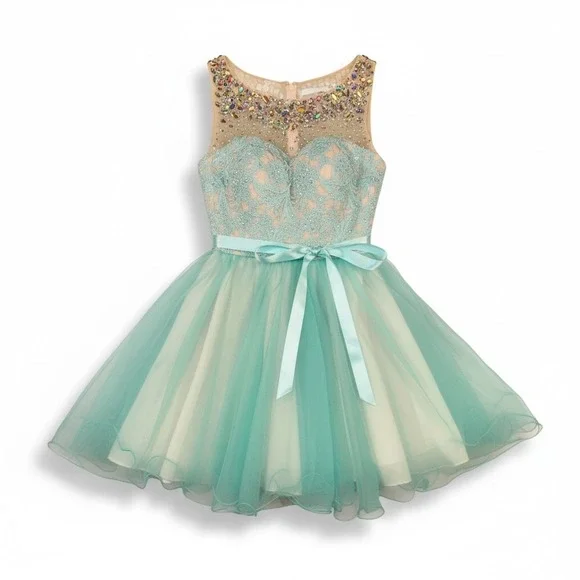 Envious Couture Prom Dress Sheer Beaded Bodice Tulle Skirt Aqua Formal Size 4